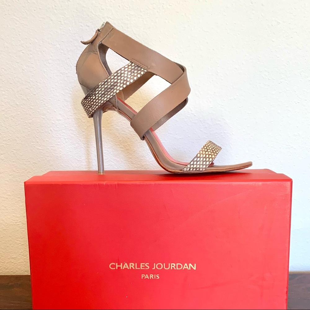 Charles Jourdan Paris stiletto sandal in Khaki tan leather and khaki/cream snake